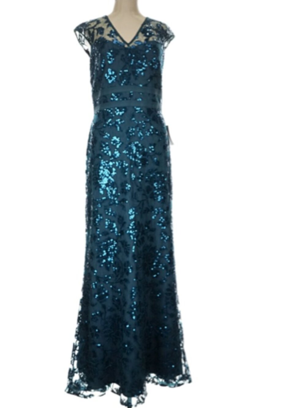Tadashi Shoji Teal Sequin Floral Embroidered Maxi Dress - Picture 3 of 3